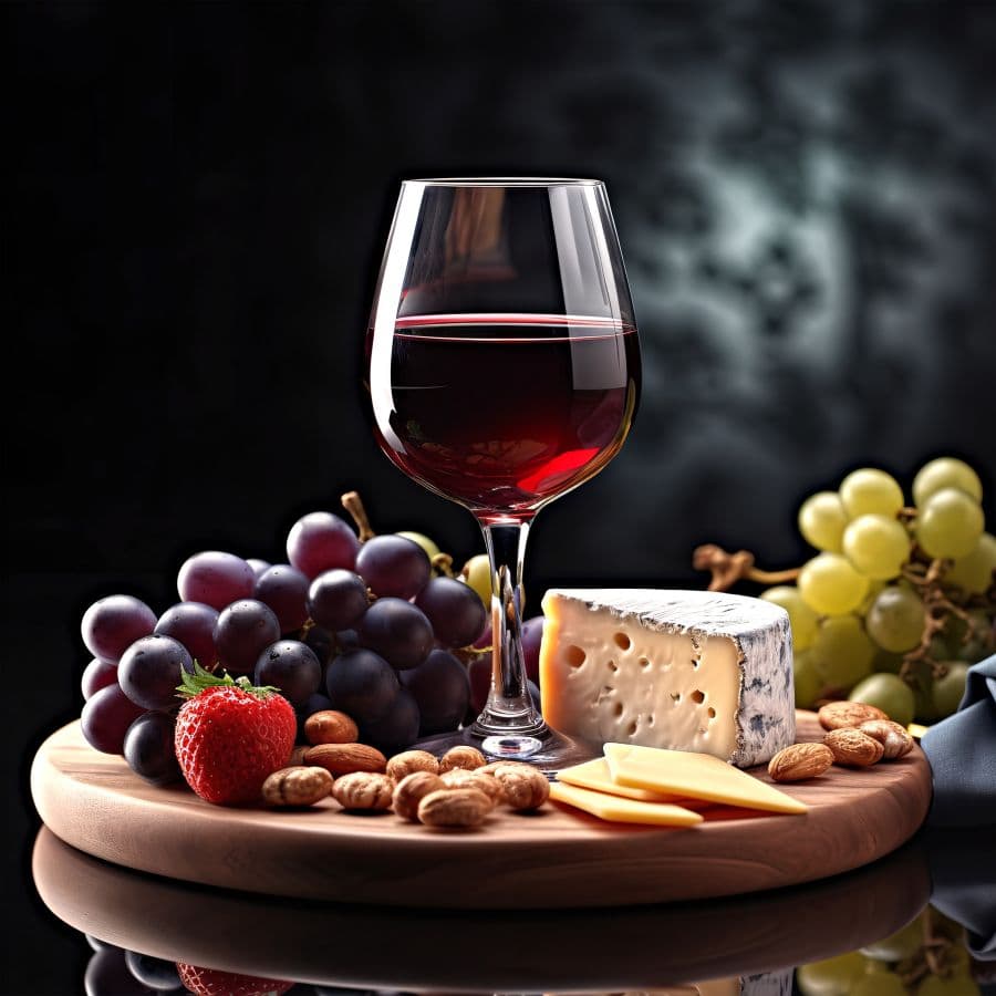 A glass of red wine surrounded by grapes, strawberries, cheese, and almonds on a wooden platter.