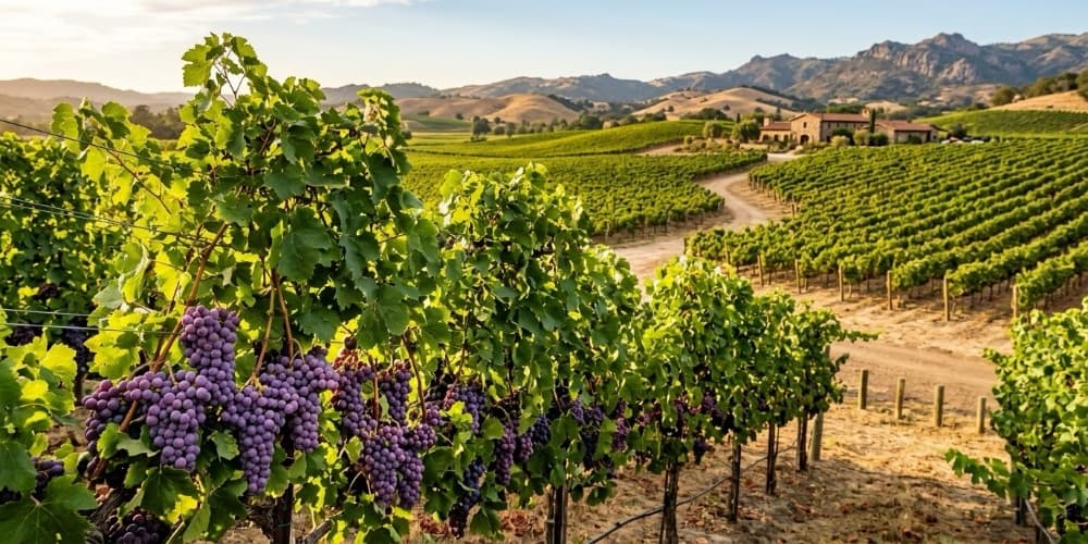 Vibrant grapevines line a scenic vineyard surrounded by rolling hills.