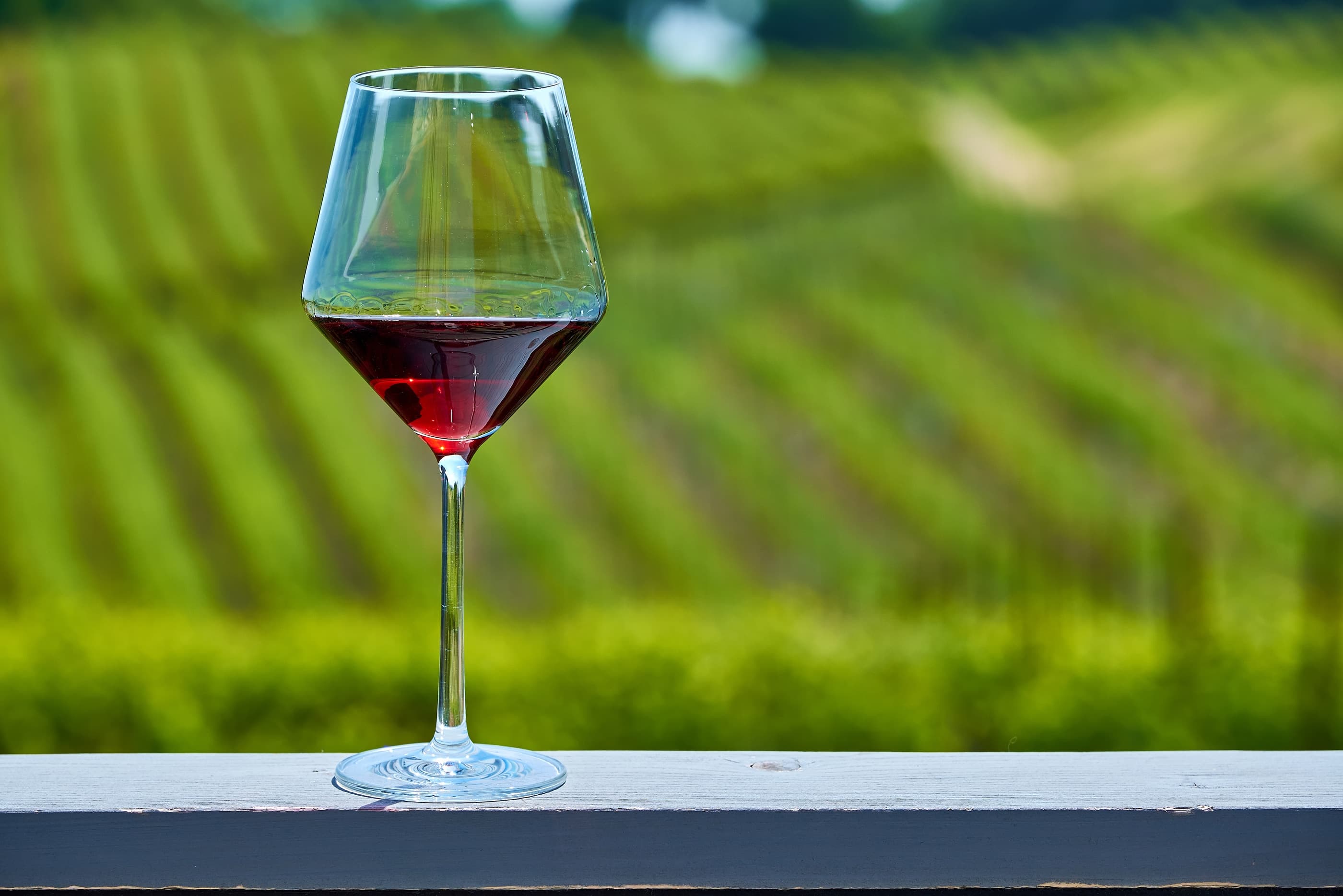 A glass of red wine sits on a railing with lush vineyards in the background.