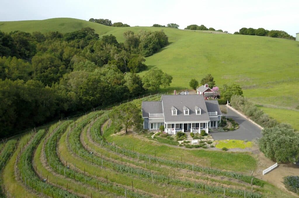 Aerial view of a spacious farmstead surrounded by rolling green hills and vineyards.