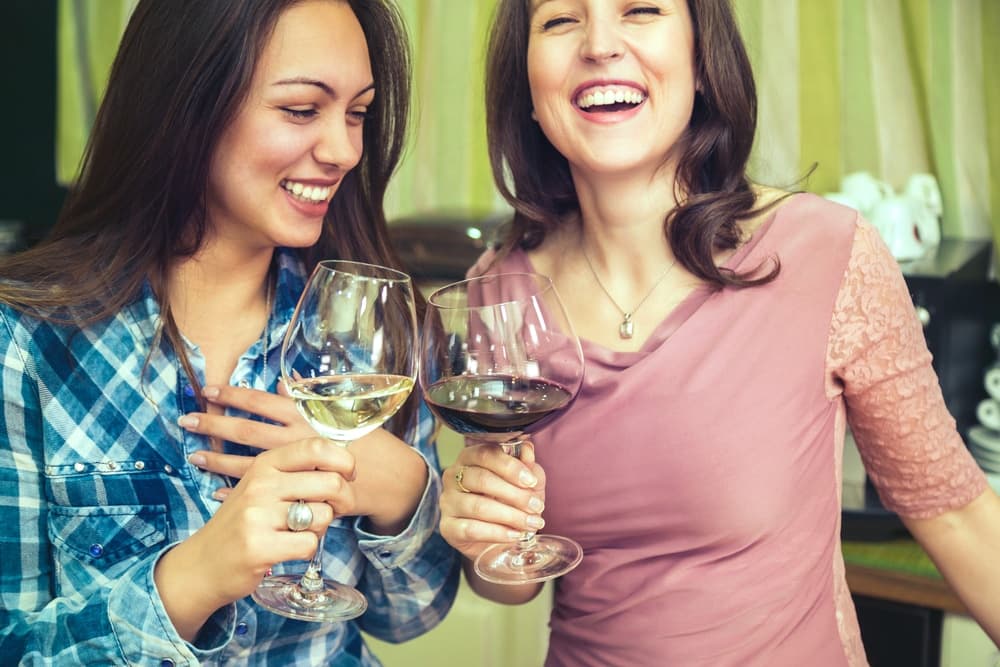 Two women smiling and toasting with glasses of wine in a cheerful setting.