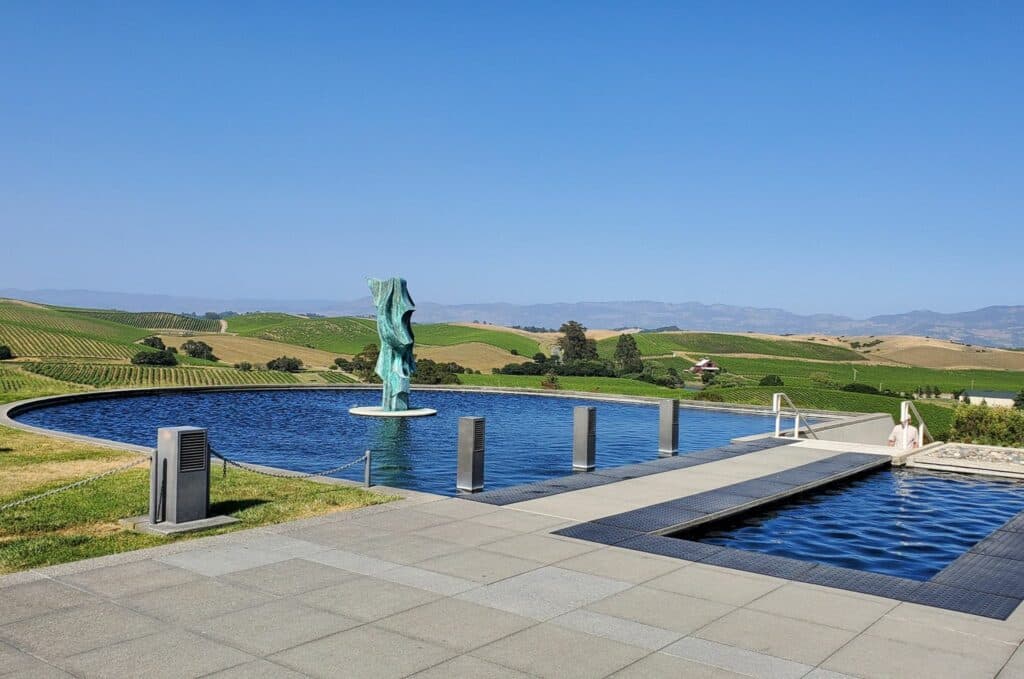 A tranquil outdoor space features a reflective pool, a green sculpture, and sweeping vineyard views under a clear blue sky.