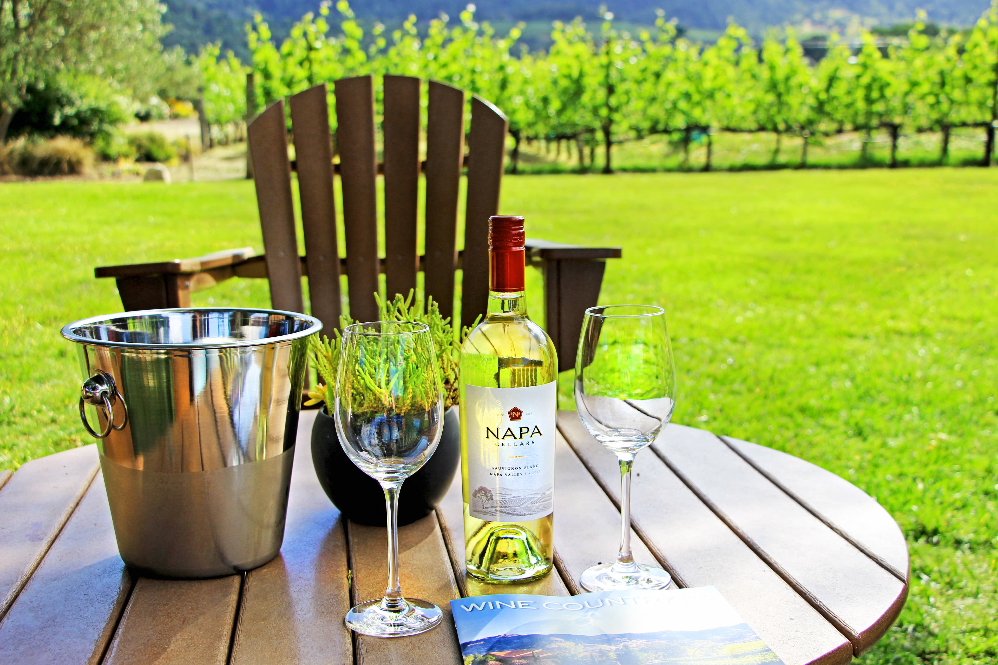 A wooden table set with a bottle of Napa wine, glasses, a bucket, and a travel brochure, surrounded by a vineyard.