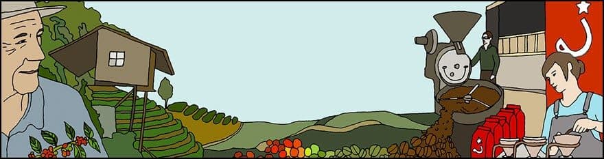 A farmer admires his crops while a woman processes coffee beans in a rural landscape.