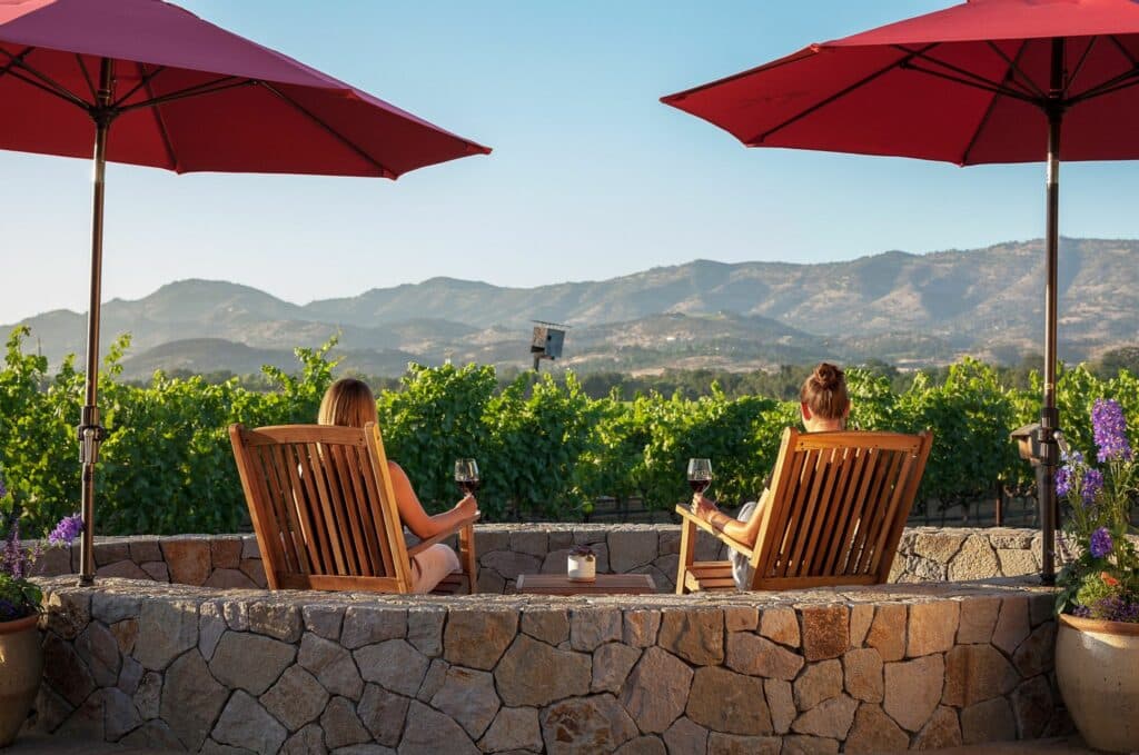 Two women sit in wooden chairs under red umbrellas, enjoying wine with a vineyard and mountains in the background.