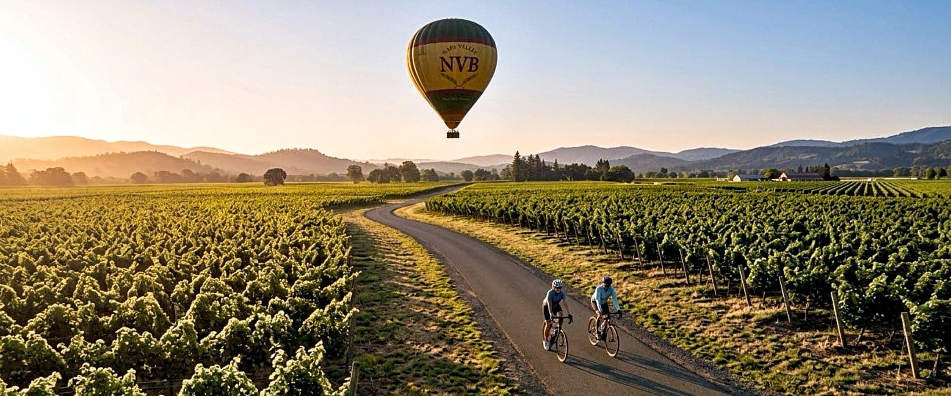 Two cyclists ride along a winding road through vineyards under a hot air balloon at sunrise.