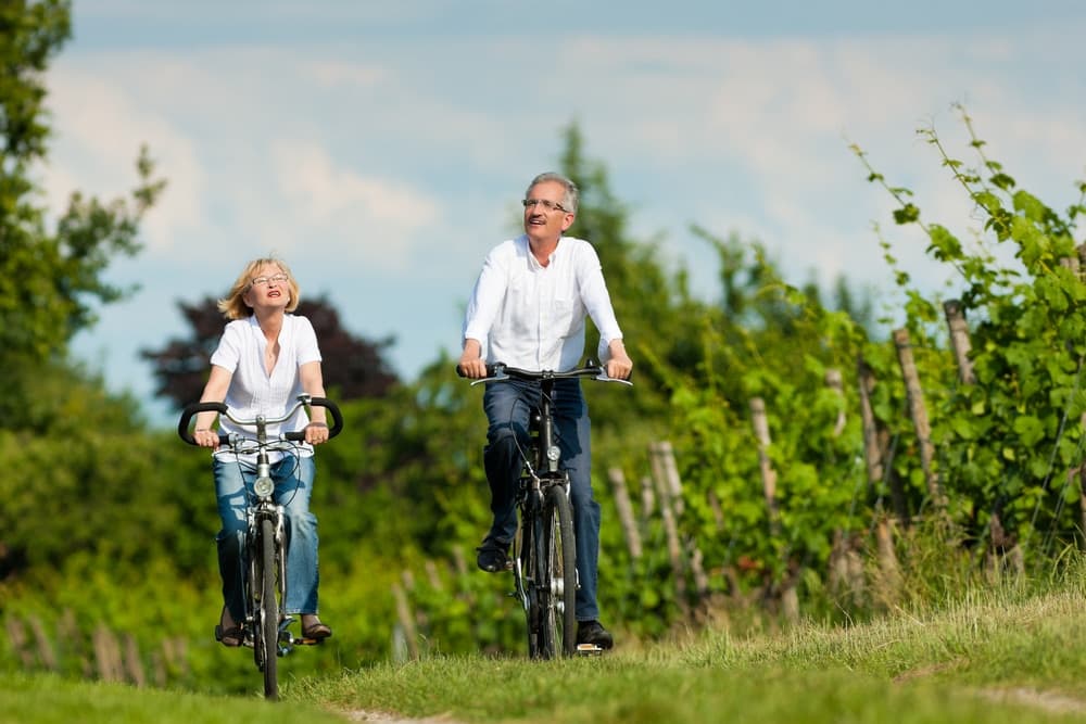 A man and woman ride bicycles through a lush vineyard, smiling and enjoying the outdoors.