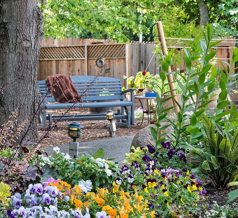 A cozy garden scene featuring a blue bench, colorful flowers, and lush greenery.